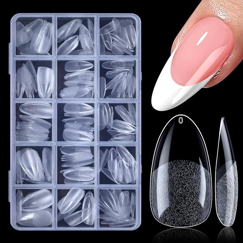 AddFavor Medium Almond Nail Tips, 480pcs Soft Gel Nail Tips Almond Shape Clear Fake Nails Full Cover Acrylic Nails Tips for Extensions Manicure Home DIY 15 Sizes