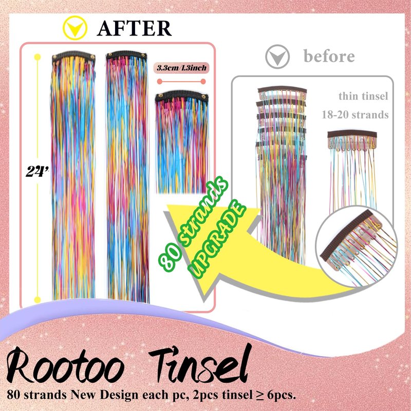 Hair Tinsel Clip in Rainbow Fairy Hair Tinsel Kit, 12 Pcs 24 Inch Glitter Clip in Hair Extensions for Girls Women Kids Christmas New Year Festival Party (Rainbow)