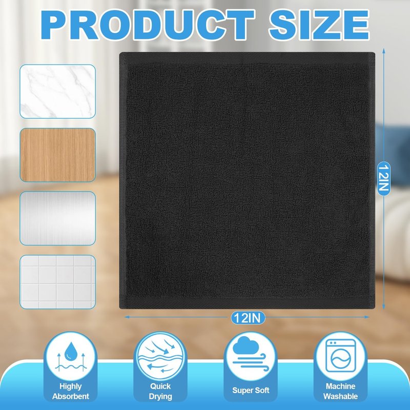 100% Cotton Wash Cloths by [Brand Name] - 6 Pack of Soft, Highly Absorbent Fingertip Towels | 12x12 Inch Black for Bathroom, Gym, Spa