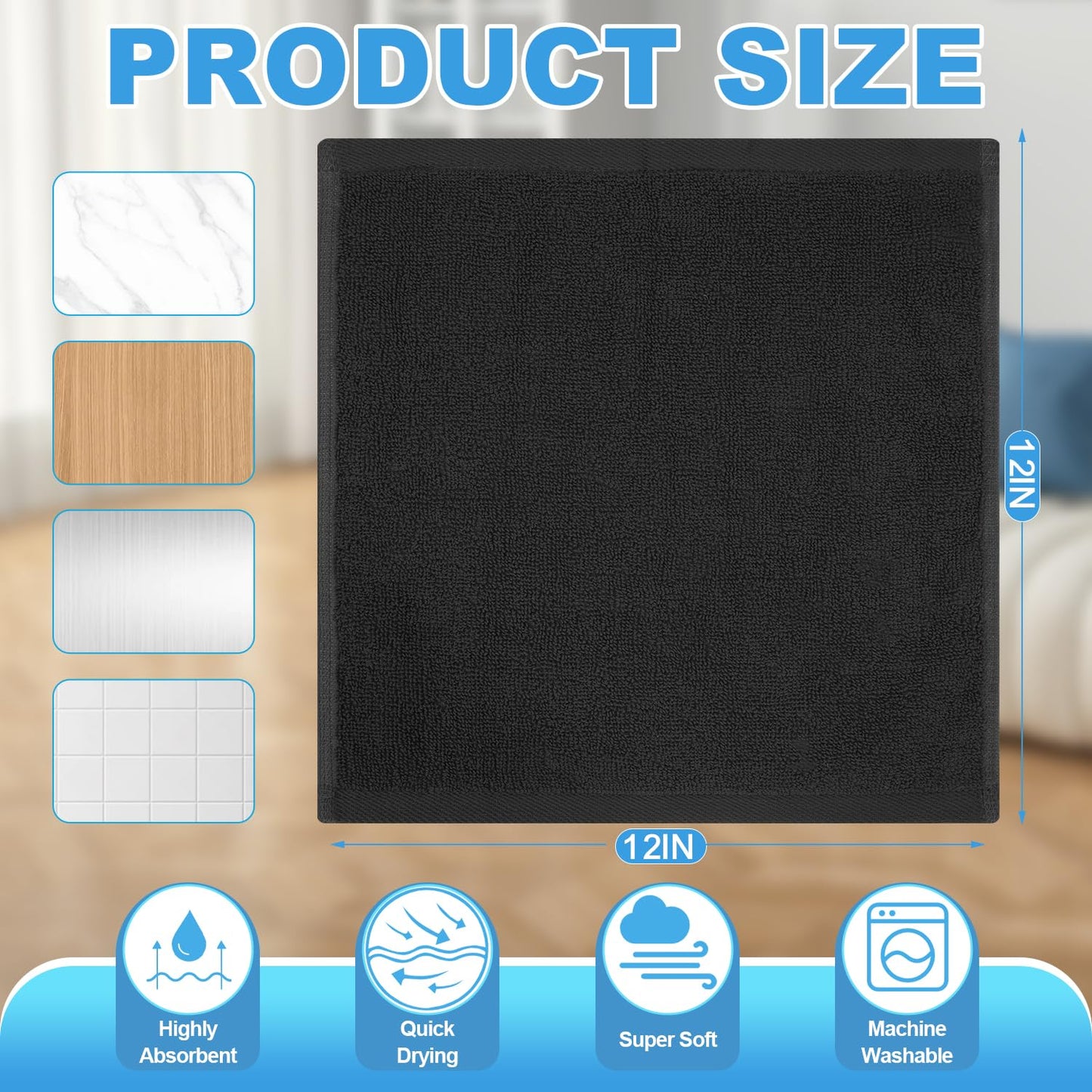 INFICRIME 12 Pack 100% Cotton Wash Cloth, 12x12 Inch Highly Absorbent and Soft Feel Fingertip Towels, Machine Washable Washcloths for Bathroom, Gym, Hotel, Spa and Kitchen, Black