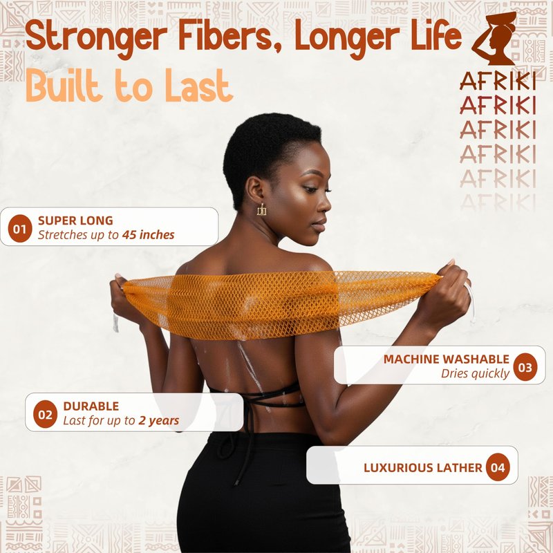 African Net Sponge, Premium Authentic Exfoliating Body Scrubber, Extra Long Stretch Bath Sponge for Shower, Deep Exfoliating Washcloth for Smooth Skin, 1 Pack (Rust)