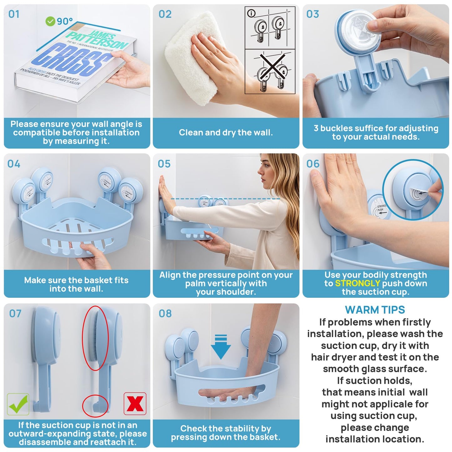 LEVERLOC Corner Shower Caddy Suction Cup, Shower Caddy Basket Powerful Suction Bathroom, Waterproof & Rustproof Organizer for Bathroom Storage, No-Drilling Removable (Blue)