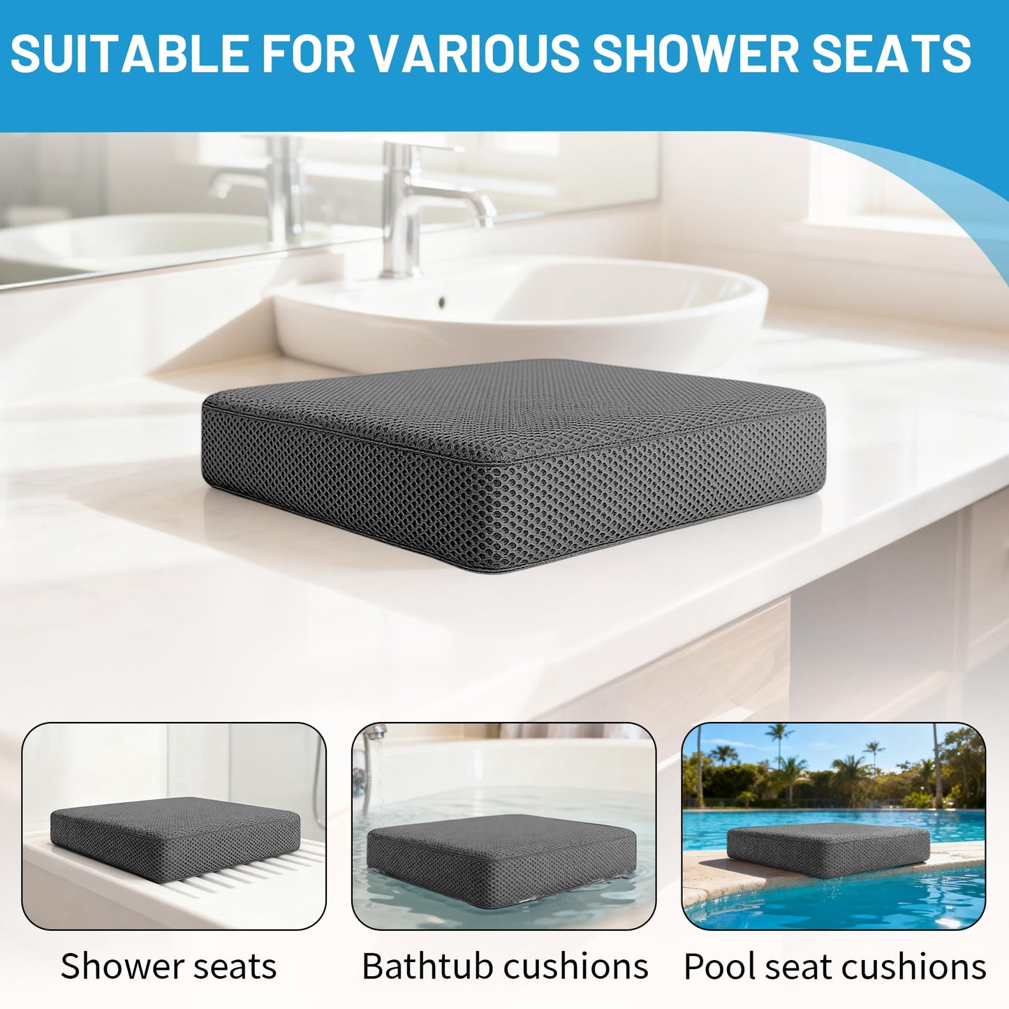 Sinigerel Shower Seat Cushion, Soft Chair Pad for Elderly Bathing，Easy to Clean & Quick Dry，Using 4D air Fiber Material，Suitable for Shower Seats, Poolside Rest, Dressing Room Seats