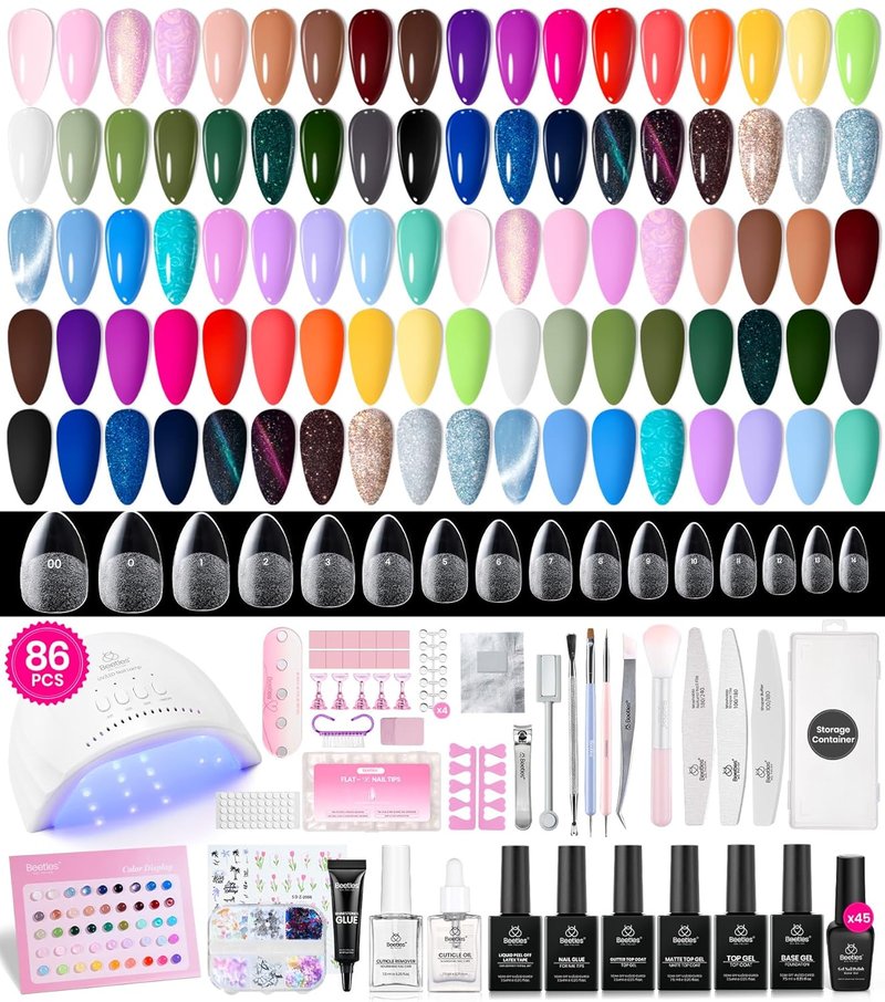 Beetles Gel Nail Kit with U V Light and Nail Tips -86Pcs Travel Holiday 45 Colors Gel Polish Set with Nail Stamp Base Top Coat All Season at Home Nail Kit with Everything Starter Gift for Women Girls
