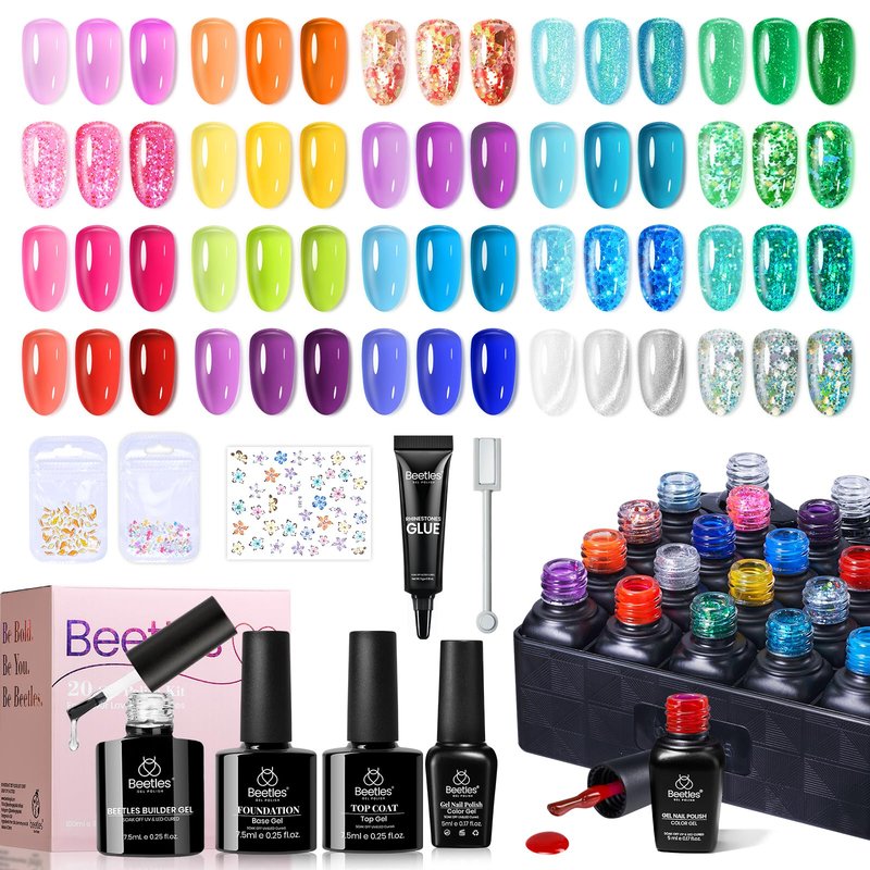 Beetles Jelly Gel Nail Polish Set - 20 Colors Summer Neon Rainbow Pink Yellow Purple Glitter Gel, Soak Off UV LED Gel Nail Kit with Base Matte Top Coat DIY Nail Art Sunbeam Jelly Gift for Women