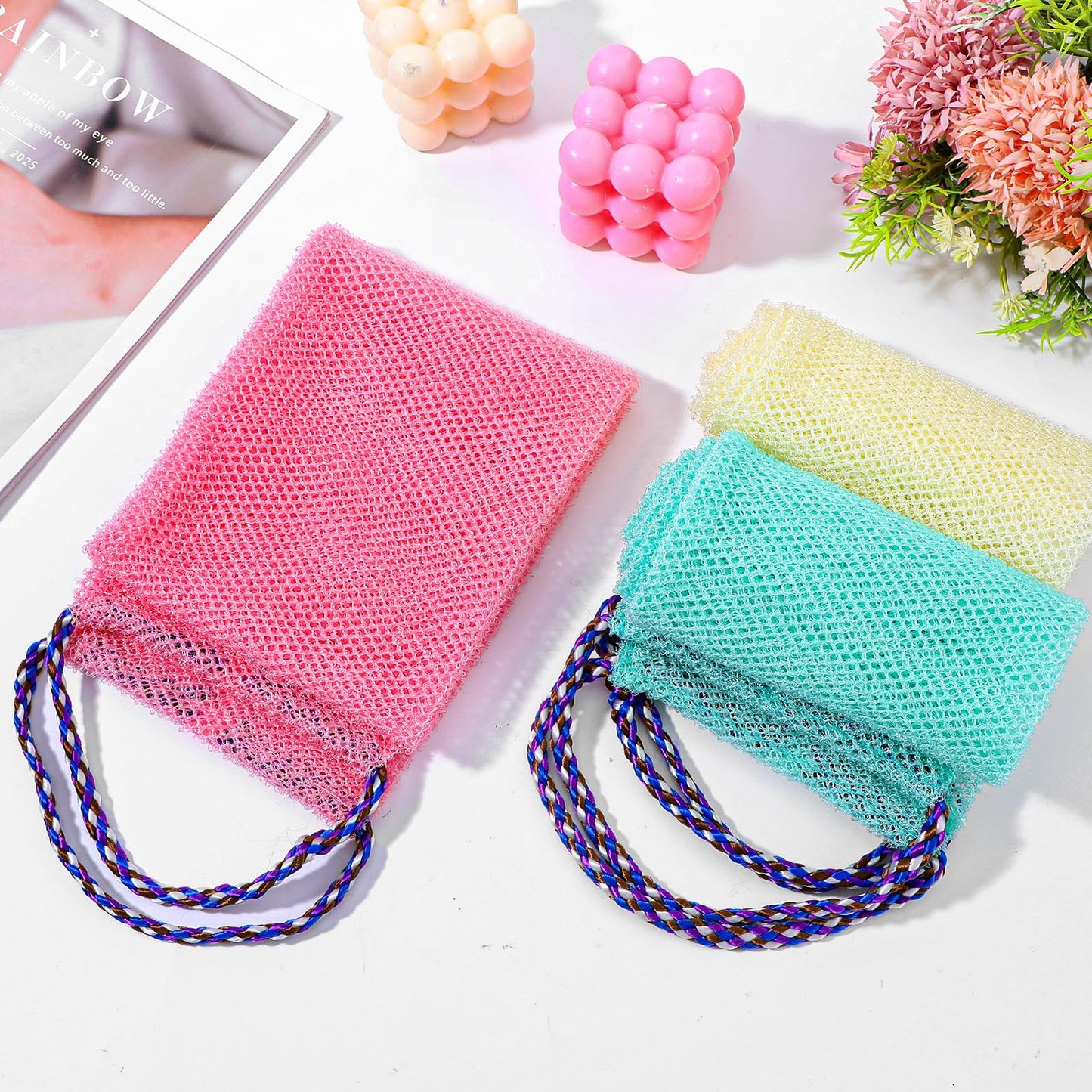 WJIAAA 3 Pieces African Net Sponge with Handles, Back Scrubber for Shower Exfoliating, Stretchable Authentic African Exfoliating Net Sponge Back Scrubber, Body Wash Nets Sponges for Bath