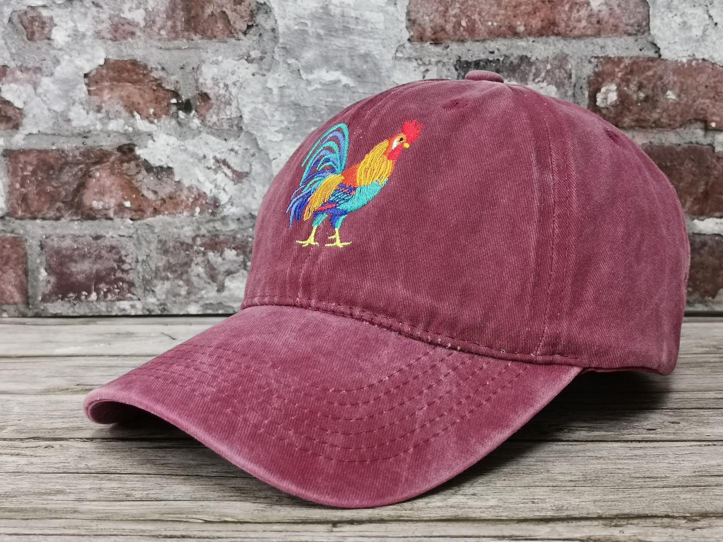 Hepandy Embroidered Rooster Hat, Washed Burgundy Trucker Hat, Adjustable Baseball Cap Cotton Embroidery Dad Hat, Gifts for Men and Women