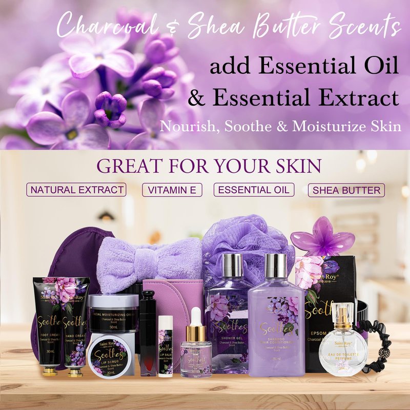 26 Pcs Spa Bath and Body Gift Basket, Spa Kit Gift Set, CHARCOAL & SHEA BUTTER Bath & Body Gift Makeup Organizer, Spa Gift Basket, Face Skin Care Kit, Lip Self-Care, Serum, Birthday, Christmas