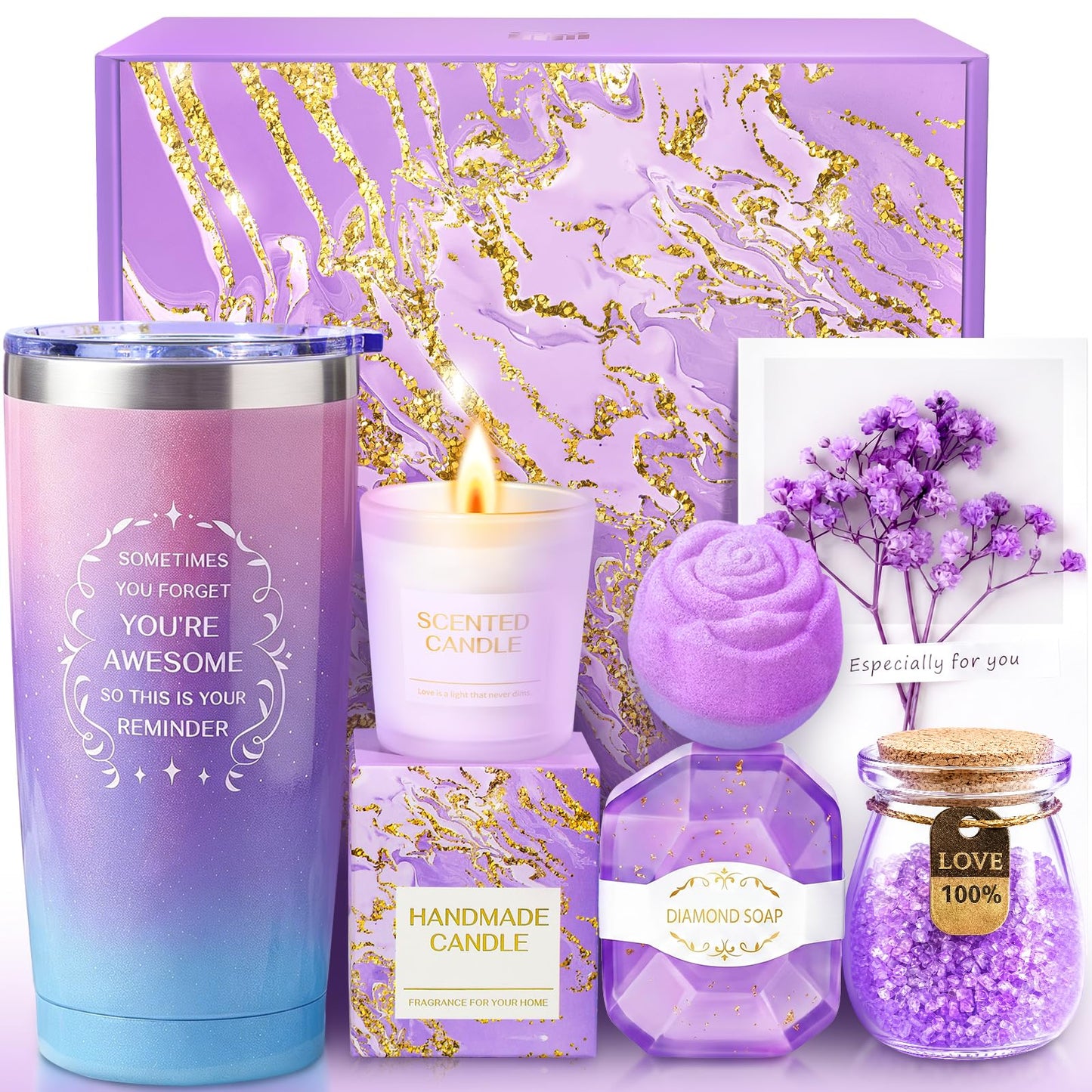 Birthday Gifts for Women, Gift Baskets Set for Mom, Wife, Her, Friend, Teacher, Nurses, Coworker, Self Care Spa Relaxation Baskets Set, Thank You Gift for Women Purple
