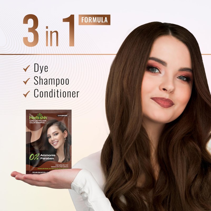 Herbishh 1 Hair Dye Instant Permanent Shampoo 3 in 1 for Gray Hair, 100% Grey Coverage for Men & Women + 1 Hair Mask with Argan oil, Long-lasting & Travel-friendly, Ammonia-free, 30 ml (Dark Brown)