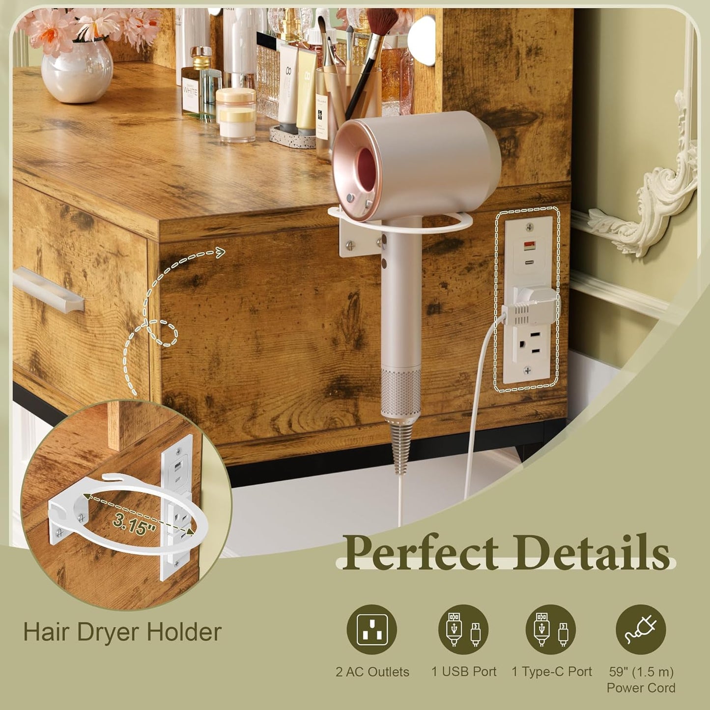 YESHOMY Vanity Desk with Mirror - Makeup Table with 2 Large Drawers & Power Outlet | Rustic Brown & Black