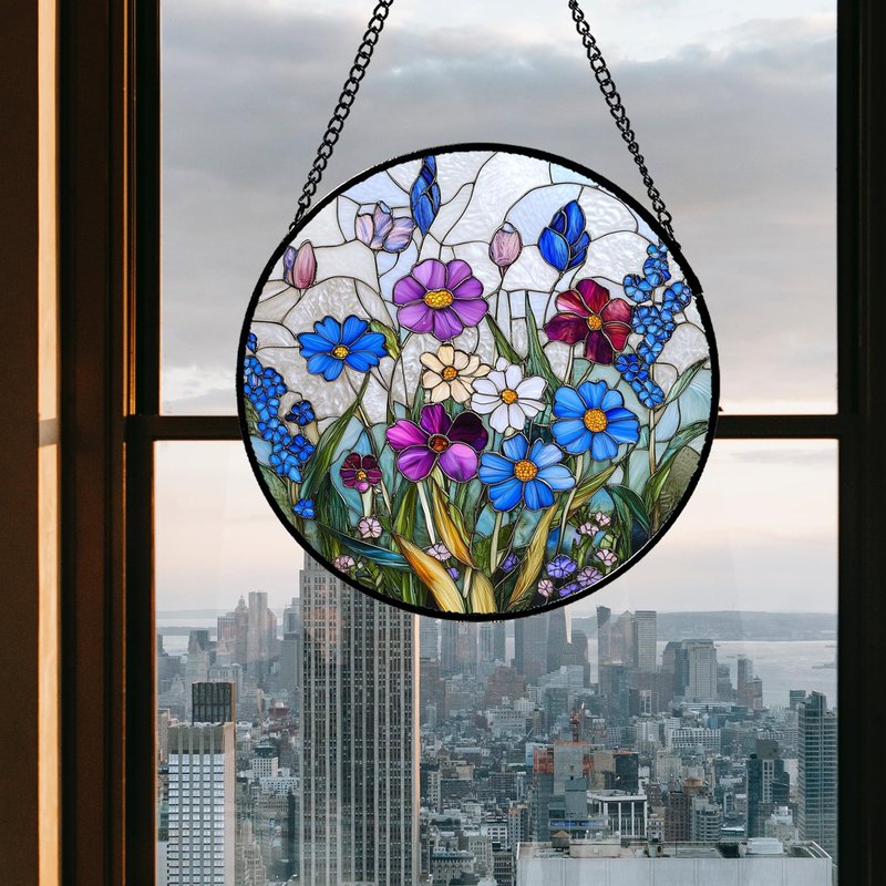 GEFOS Stained Glass Window Hanging Blue Purple Wildflowers 9.8" - Suncatcher Door Garden Sunroom Sun Catcher Home Decor Birthday Christmas for Mom Men Woman Nana Friend