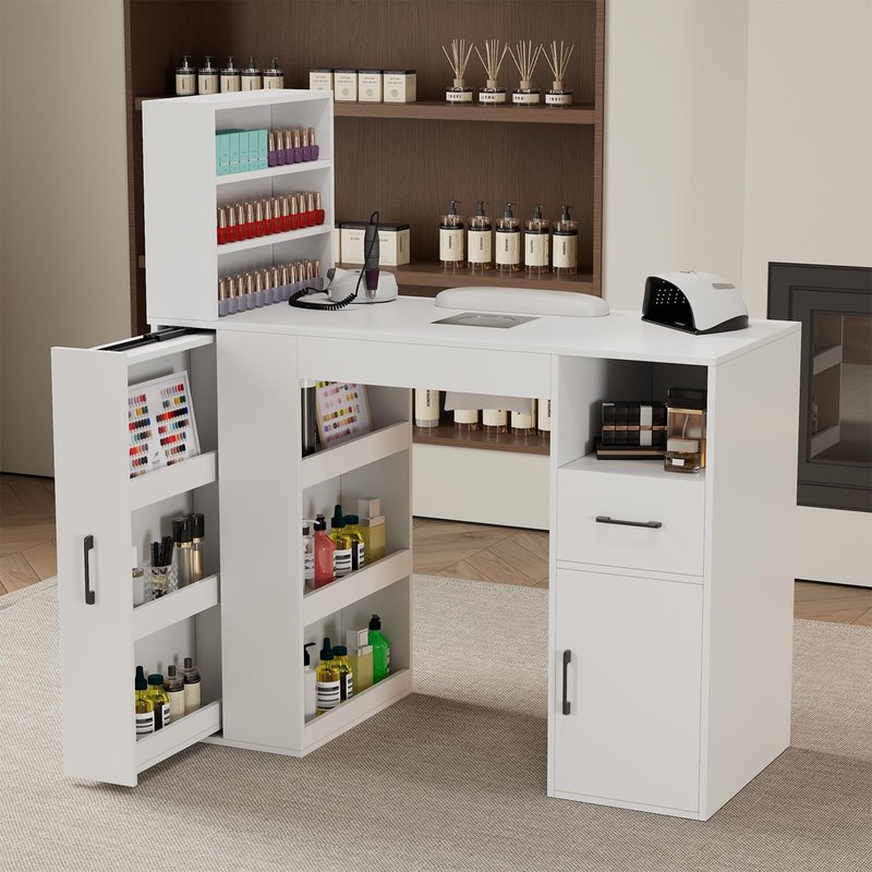 Annzoe Professional Nail Desk for Nail Tech with Storage Cabinet and Fan – Modern Nail Table for Salon, Nail Tech Table with Drawer, Armrest & Dust Collector,Manicure Table Nail Desk
