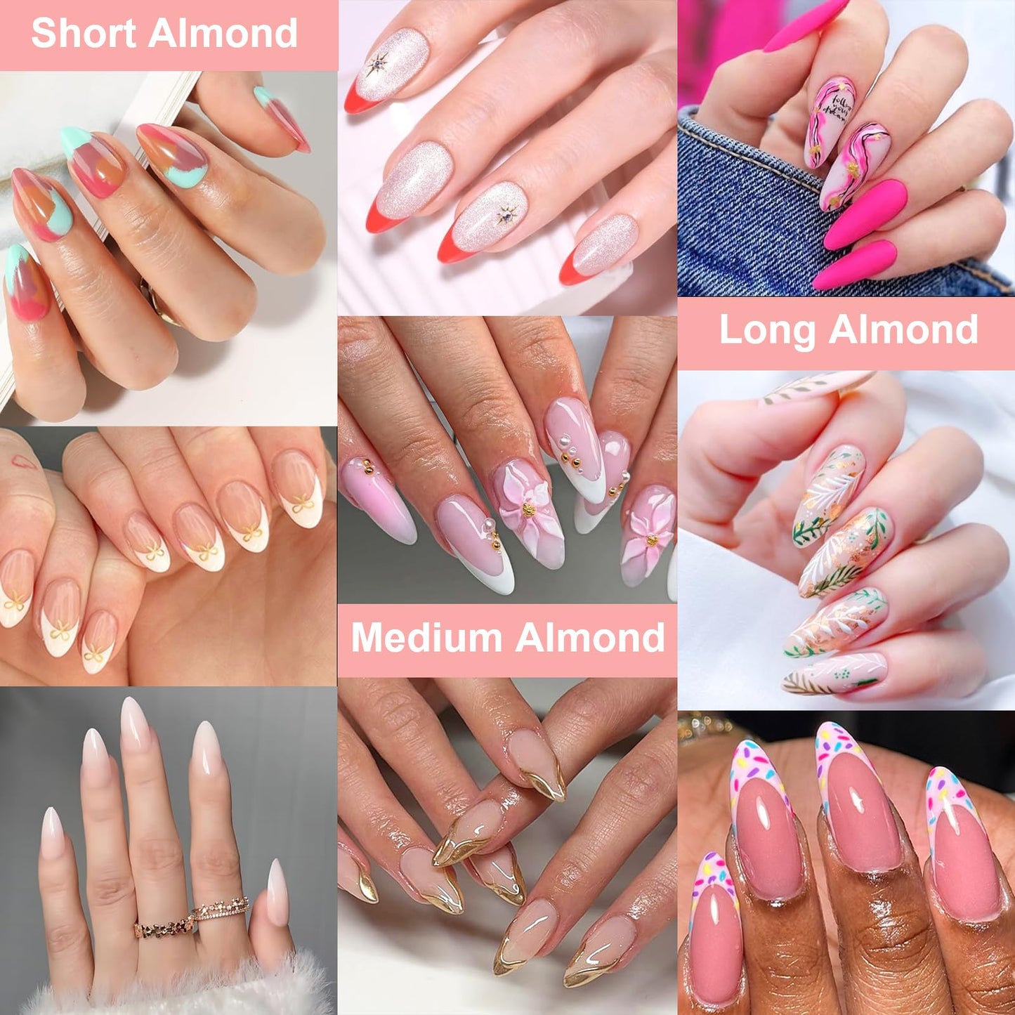 Soft Gel Short/Medium/Long Almond Nail Tips Kit 3 Boxes 360Pcs, Full Cover Pre-etching Acrylic False Nails for Small and Flat Nail Bed Home Manicure Extension DIY Salon Clear Press On Nails, BlueZOO
