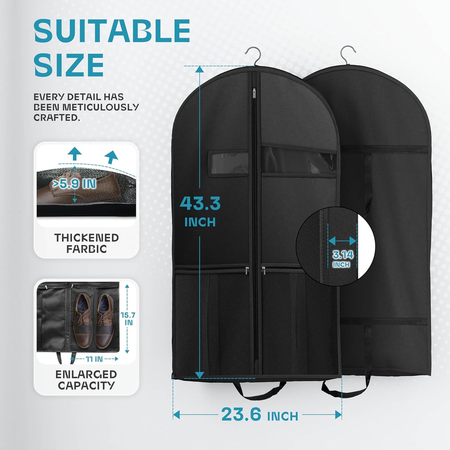 Travel Garment Bag - Heavy Duty Suit Carrier with Zipper Pocket for Suits, Tuxedos & Dresses | 43-Inch Black