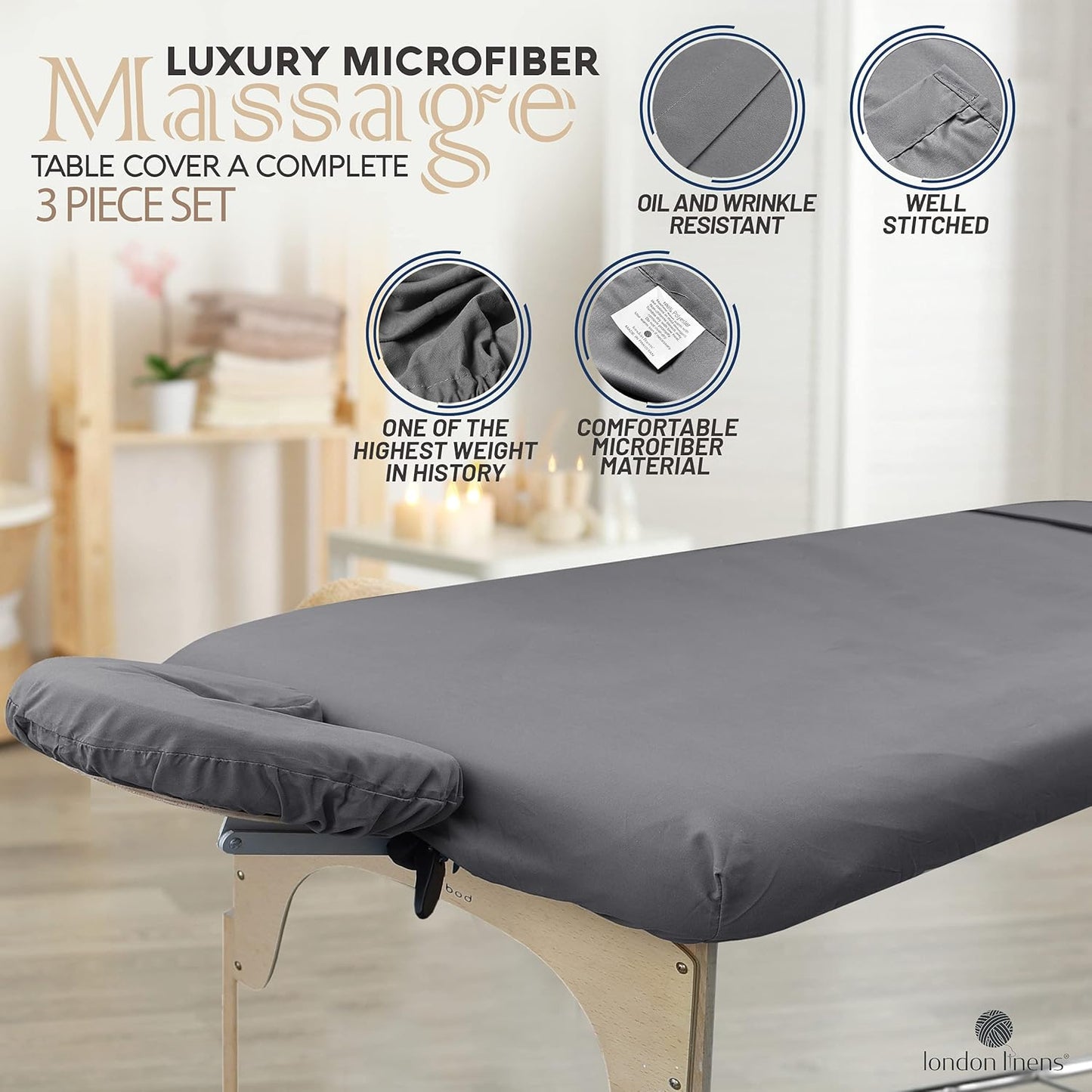 Soft Microfiber Massage Table Sheets Set - 3-Piece Cover, Fitted Sheet & Face Rest | Grey