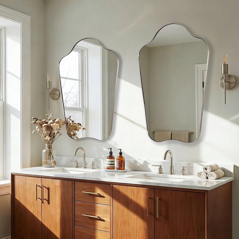 ANDY STAR Brushed Nickel Bathroom Mirror, 24x32 Scalloped Wall Mirror for Vanity, Curved Shaped Mirror for Entryway, Bedroom, Anti-Rust Stainless Steel Frame