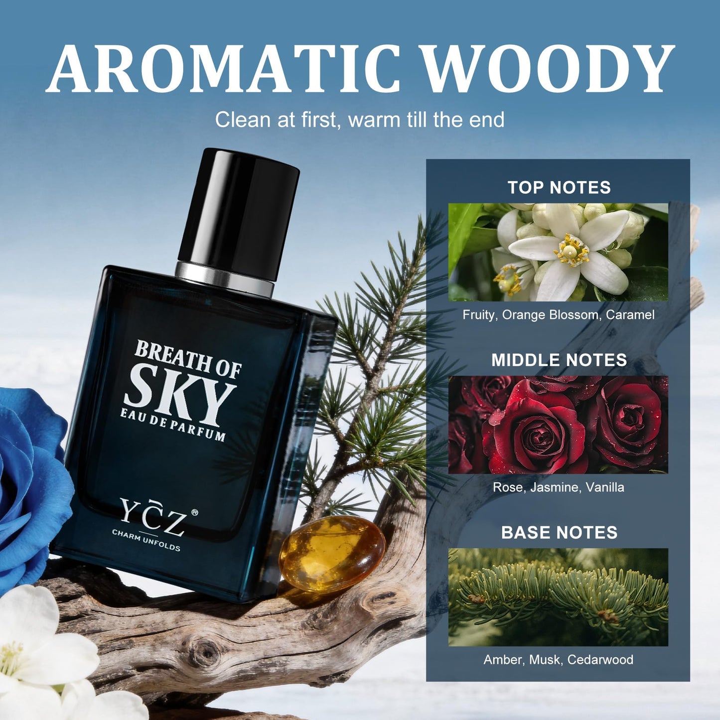 Ycz SKY Cologne for Men, 1.7oz Long-Lasting Eau de Parfum -Aromatic Woody Scent with Orange Blossom & Rose, Amber & Cedarwood Base, Fresh Masculine for Daily Wear, Date Night & Special Occasions