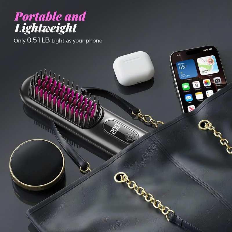 Go Brush Pro Cordless Hair Straightener Brush - Mini Design with 4 Temperature Settings | Portable Ionic & Ceramic Care (Black)