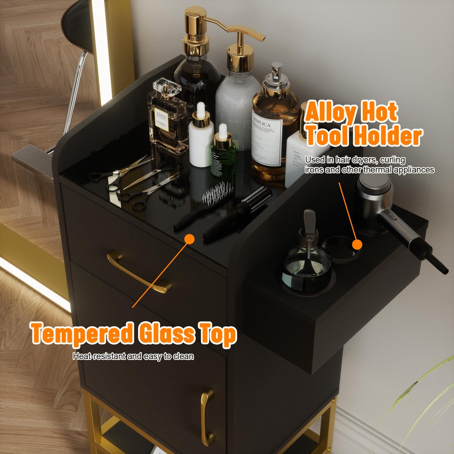 TOVRON Salon Trolley Cart, Glass Top Salon Stations for Hair Stylist Beauty Storage Cabinet Black Rolling Hair Stations with Lockable Wheels, Drawer, Cabinet