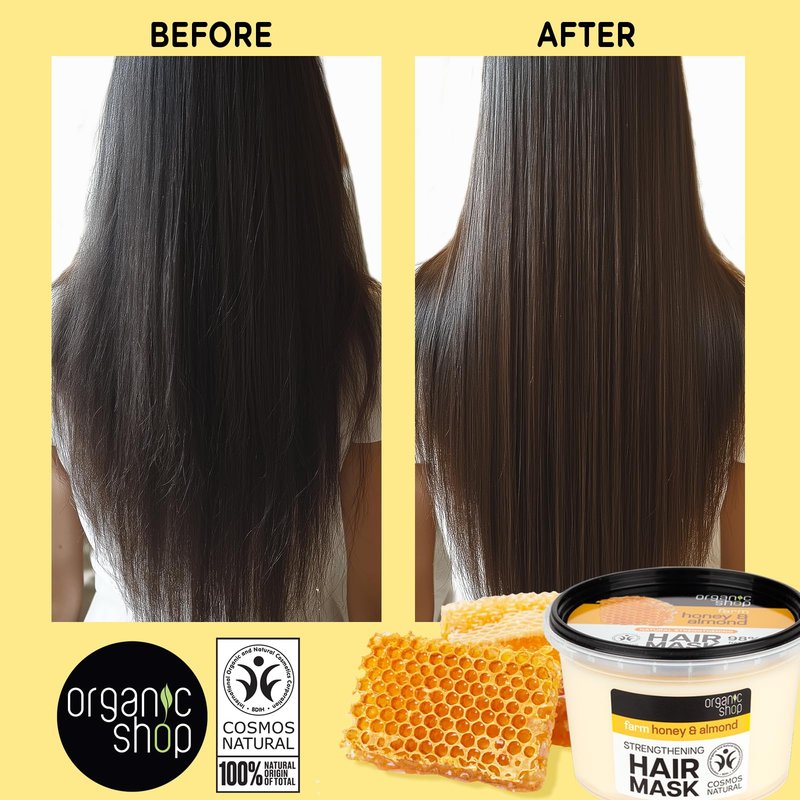 Organic Shop Honey & Almond Hair Strengthening Shampoo & Conditioner Hydrate Moisturizing Restorer, Softens & Deeply Hydrates Dry Damaged Hair, Paraben-Free, Sulfate-Free. 100% Vegan - Organic. Pack-2