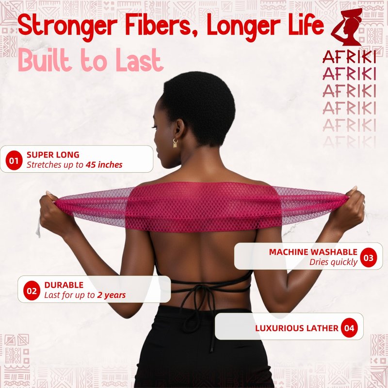 African Net Sponge, Premium Authentic Exfoliating Body Scrubber, Extra Long Stretch Bath Sponge for Shower, Deep Exfoliating Washcloth for Smooth Skin, 1 Pack (Pink)