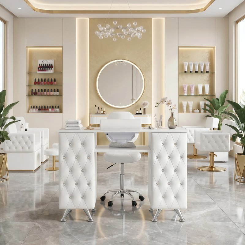 Hicomony Manicure Table Nail Desk with Storage, Professional Nail Tech Desk,with Upholstered Leather Cabinets, Crystal Tufted Modern Nail Salon Desk Table for Beauty Studio