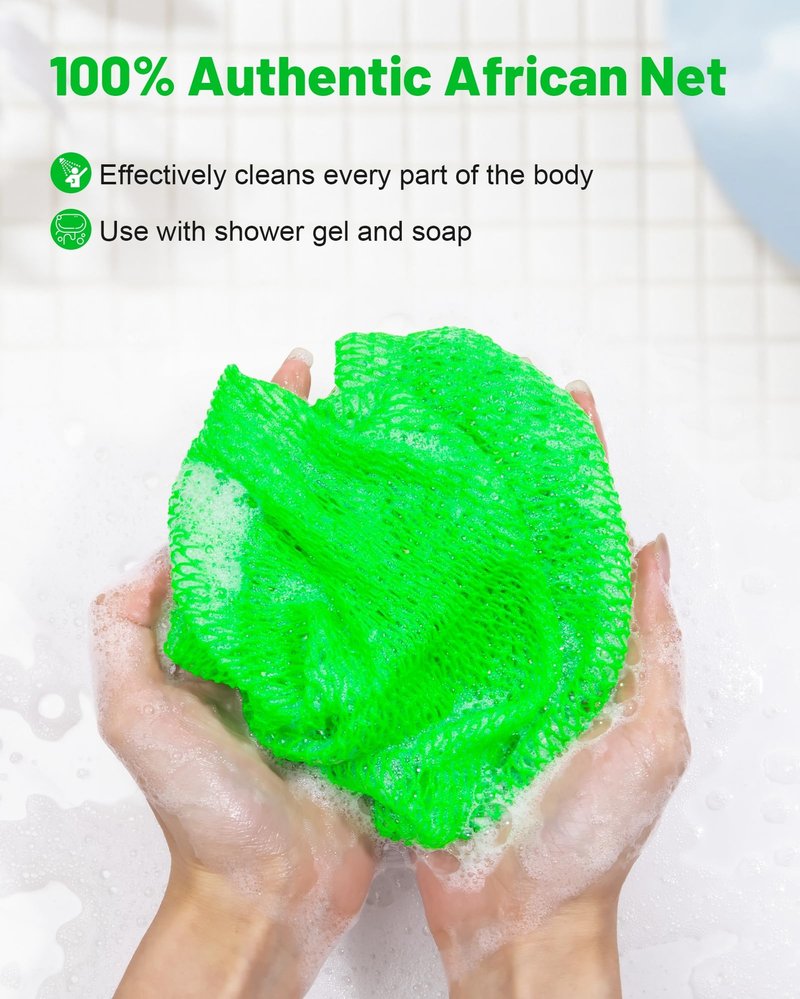 MTDLYICE African Net Sponge 3 Pack, Back Scrubber for Shower, XL 80CM Exfoliating Washcloth, African Net Sponge Authentic, Body Scrubber exfoliator Bath Accessories (Blue,LightGreen,Pink)
