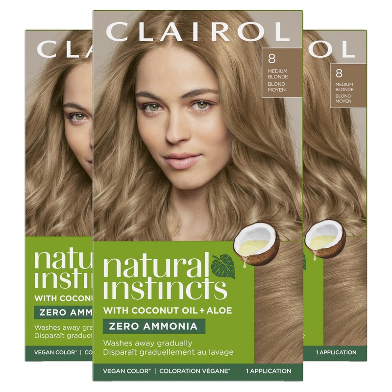 Clairol Natural Instincts Demi-Permanent Hair Dye, 8 Medium Blonde | Ammonia‑Free, Vegan Hair Color with Coconut Oil & Aloe Vera | Pack of 3