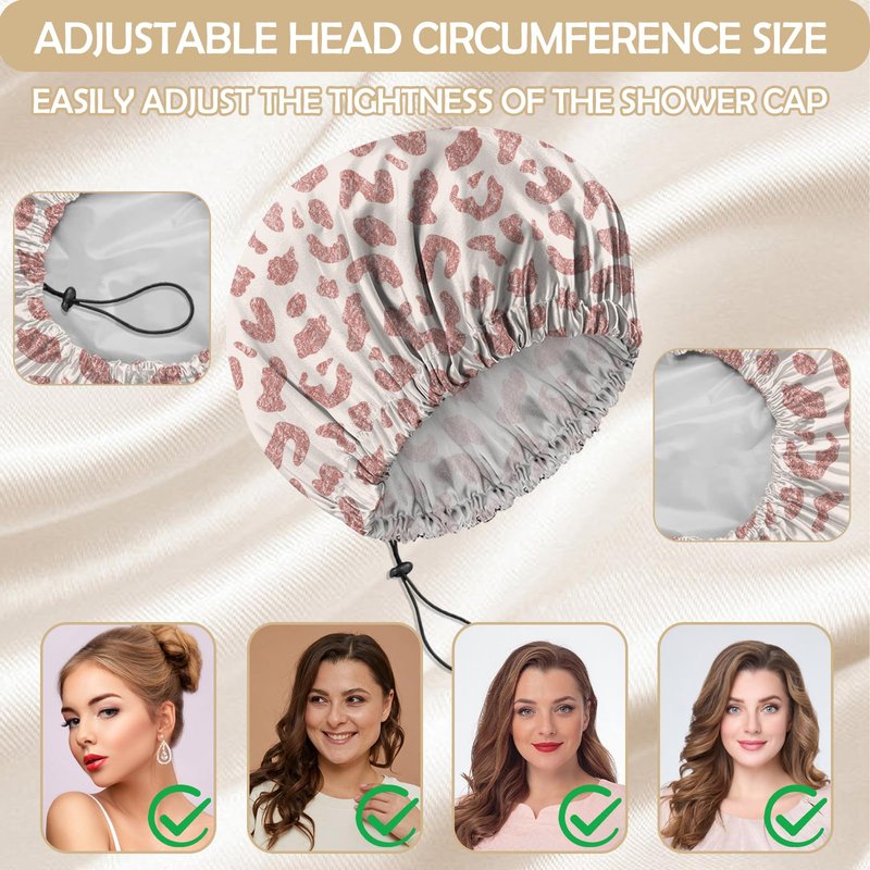 BHAHB 2 PCS Shower Cap Reusable Waterproof Double Layer Elastic Adjustable Hair Bath Caps Cute Aesthetic for Women Girls-Leopard