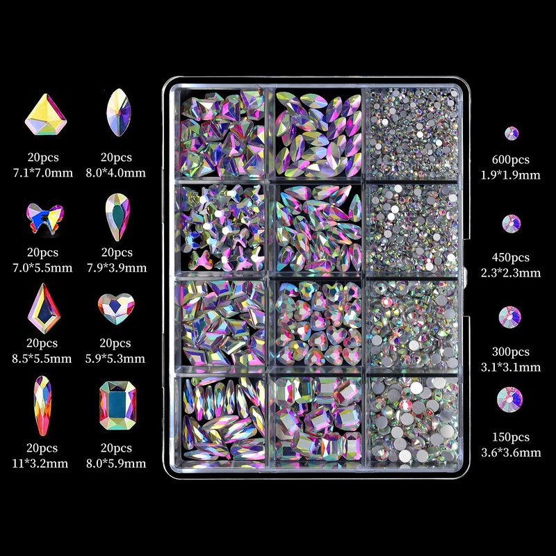 Cycullinyt 1660Pcs Crystal AB Nail Art Rhinestones: 8 Types of Multi Shapes Diamonds + 4 Sizes Flatback DIY Crafts Rhinestone Crystals 3D Glass Stones Set + Tweezer + Pickup Pen