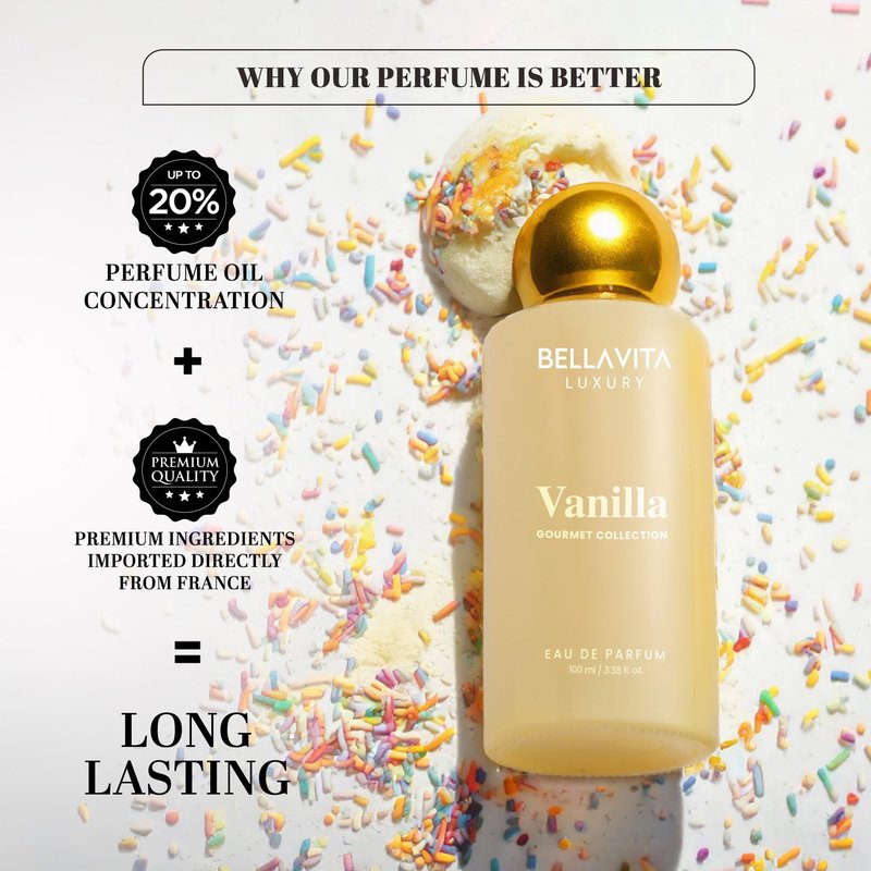 Bellavita Luxury Vanilla Eau de Parfum | 100 ml (3.4 fl.oz.) | Perfume for Men and Women | Gourmet, Coconut, Vanilla and White Musk Notes | Long Lasting Unisex Fragrance