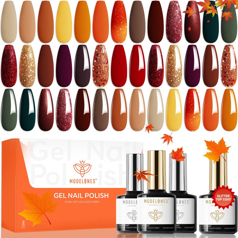 modelones 32 PCS Summer Gel Nail Polish Set, 28 Colors Glitter Cat Eye Jelly Pearl Chameleon Gel Polish with Magnet, No Wipe Base Coat, Glitter & Glossy & Matte Top Coat Soak Off Nail Art Kit
