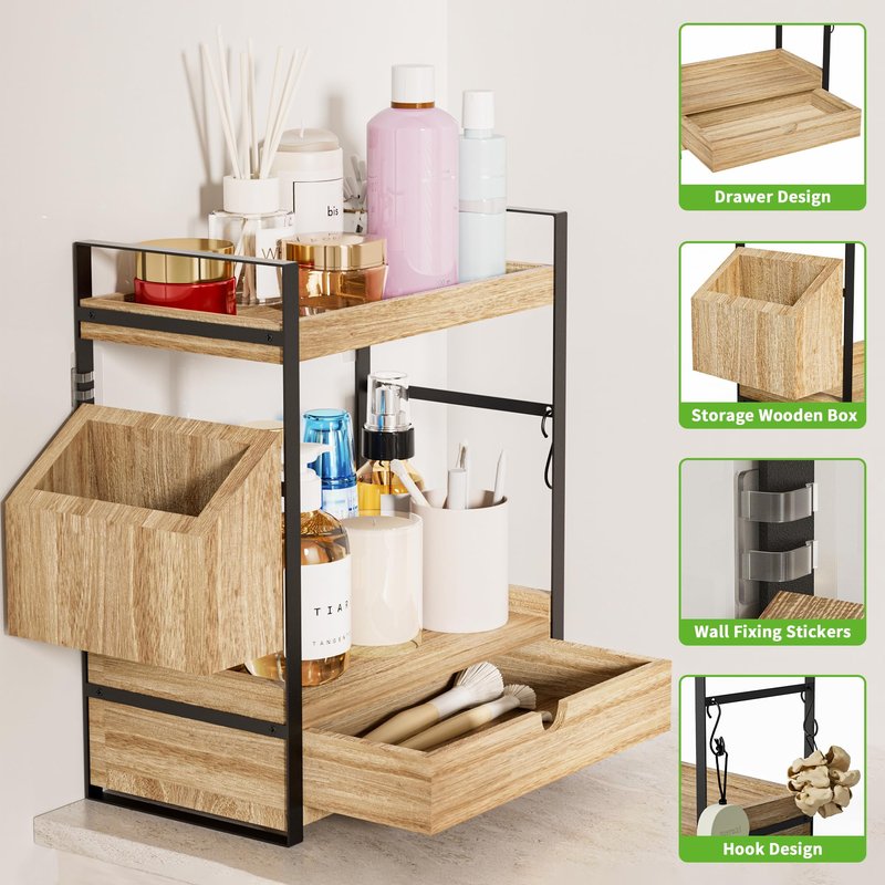 Aollewoiti 2-Tier Bathroom Counter Organizer with Drawer and Basket, Wood Countertop Organizer for Storage, Skincare Organizers for Vanity, Counter Shelf for Bathroom Organization