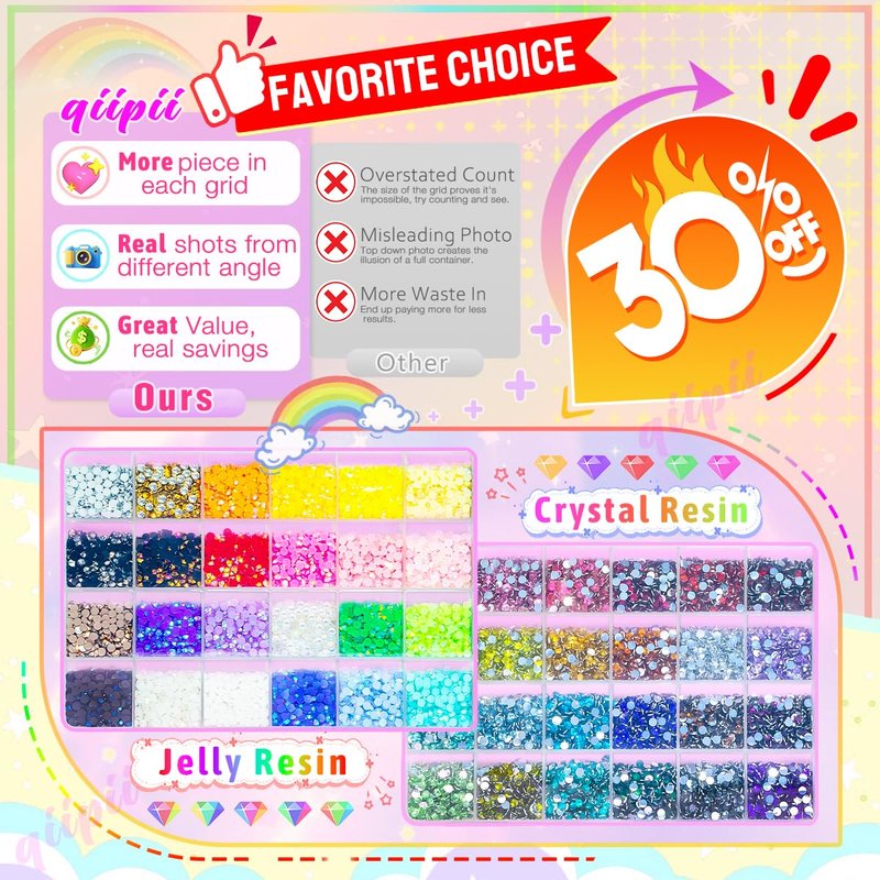 48 Color 4mm SS16 Jelly AB & Crystal Resin Rhinestones - Flatback Gems for Nail Art, Makeup, DIY Crafts, and Bedazzling