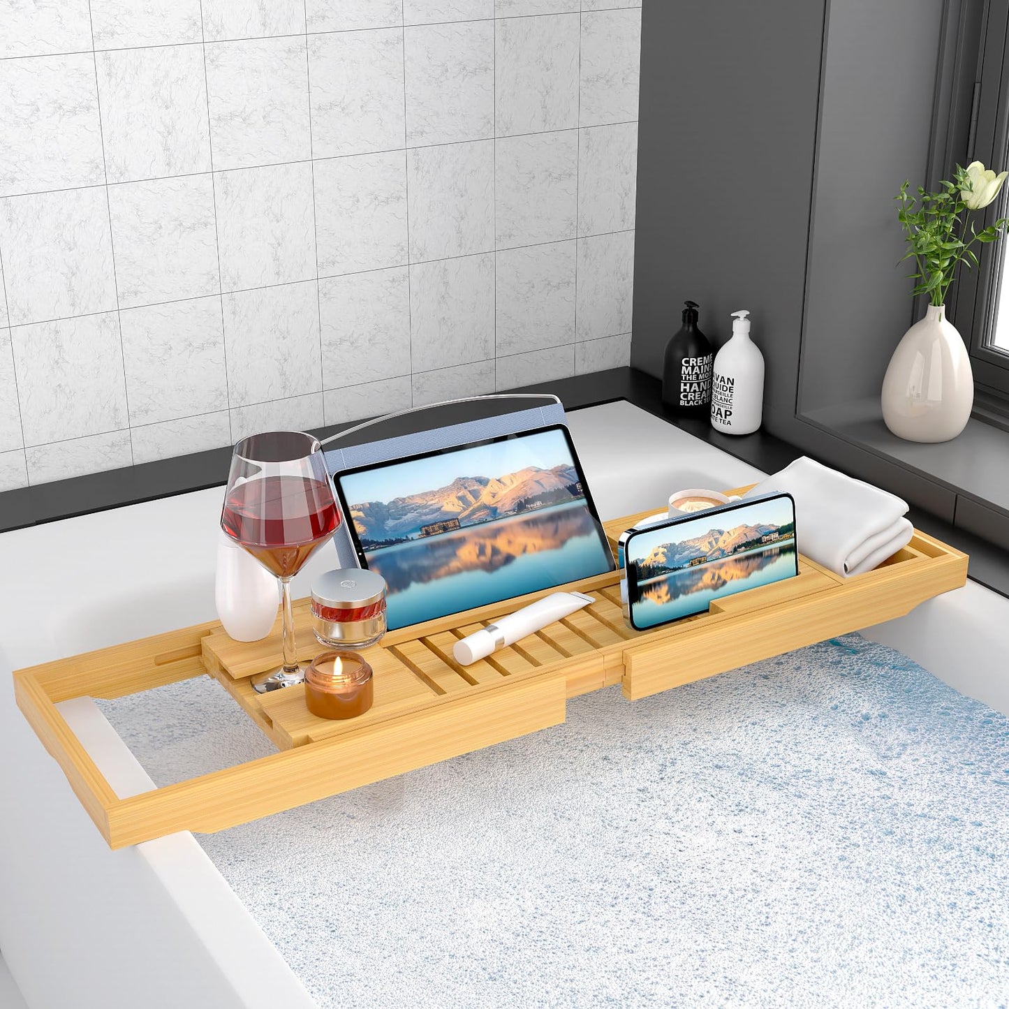 Sen Yi Bao Luxury Bamboo Bathtub Tray - Wooden Expandable Caddy with Book, Tablet, Wine Holder - Gift Idea