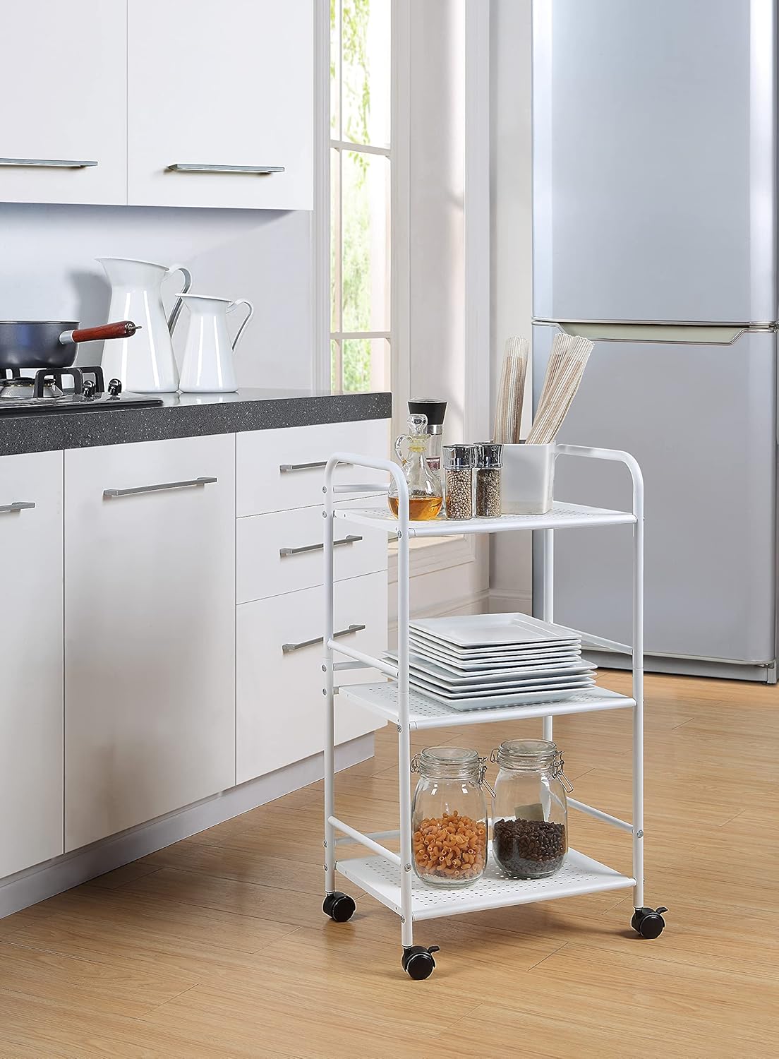 SunnyPoint 3-Tier Rolling Utility Cart - Metal Storage Organizer with Wheels | Mobile Kitchen & Office Cart, White, 12"D x 16.92"W x 31.1"H