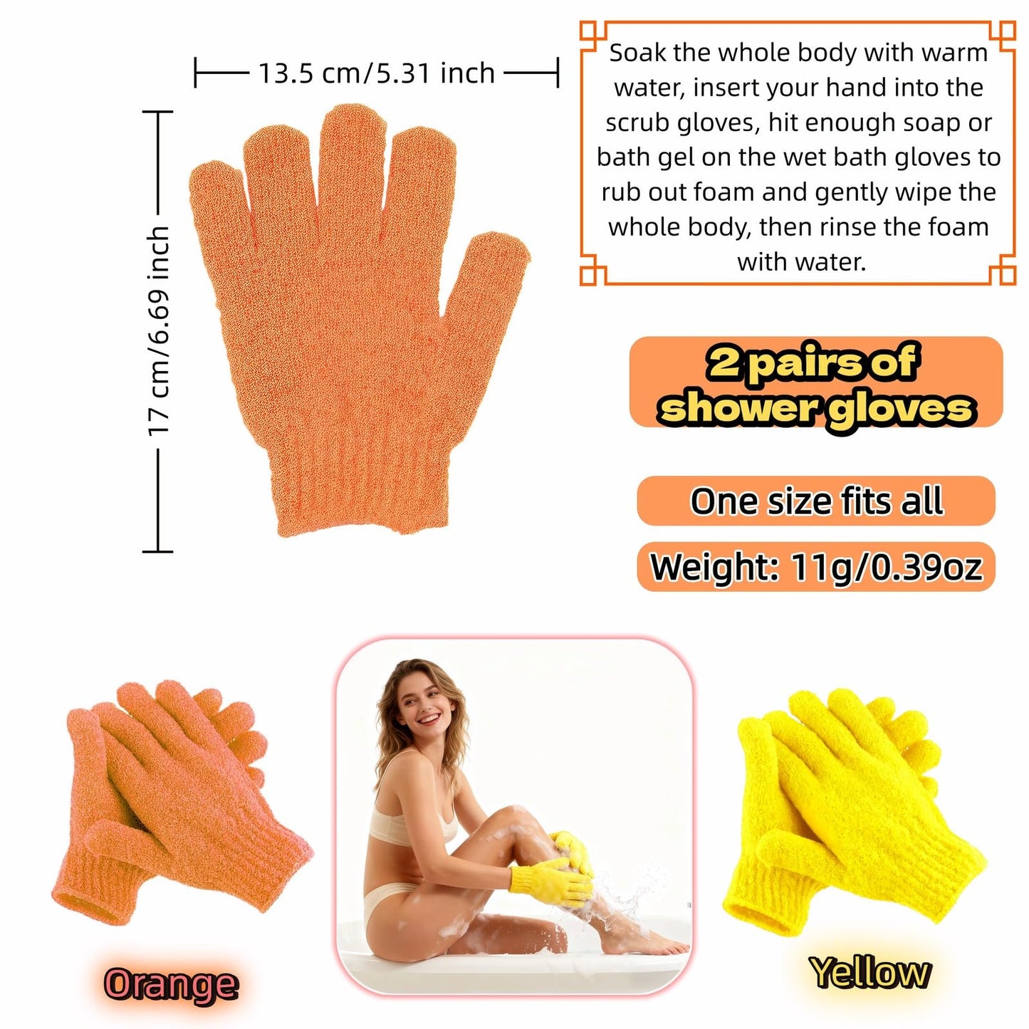 RyanDesign Exfoliating Shower Gloves, 2 Pairs Reinforced Nylon Bath Scrubbing Mitts, Orange and Yellow, One Size Fits All, Body Cleansing Massage