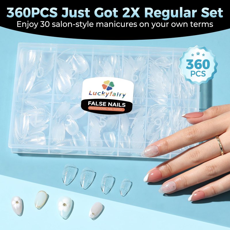 Luckyfairy Short Almond Gel Nail Tips 360Pcs, Pre Etched Nail Tips Almond Shape Full Cover Soft Gel Fake Nails for Nails Extension DIY Art Salon 12 Sizes