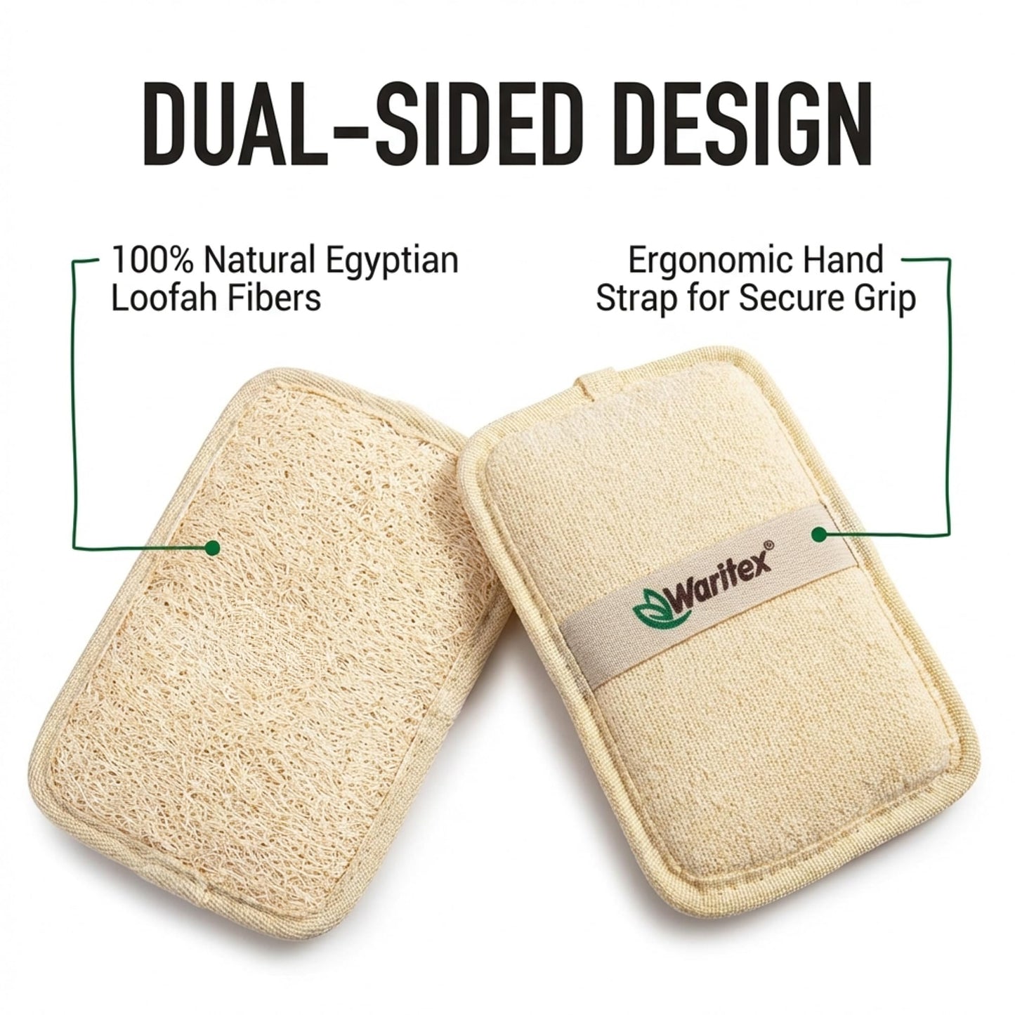 Waritex Egyptian Loofah Rectangular Exfoliating Body Scrubbers [3 Pack ] - Egyptian Loofah Fiber Bath Pads with Hand Strap for Gentle Skin Exfoliation, Deep Clean, Shower Use for Men and Women