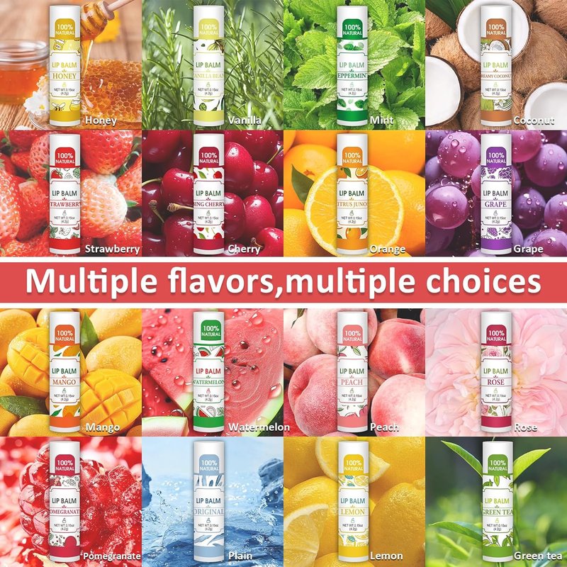 Natural Lip Balm Bulk - 32 Pack with Vitamin E & Coconut Oil | Moisturizing for Dry Lips - 16 Flavors