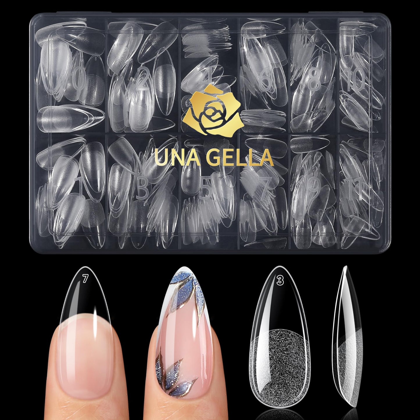 UNA GELLA Medium Almond Nail Tips, Pre Etched Almond Gel Nail Tips, 240pcs Soft Gel Full Cover Clear Press on Fake Nails for Nails Extensions No C Curve DIY Salon at Home 12 Sizes