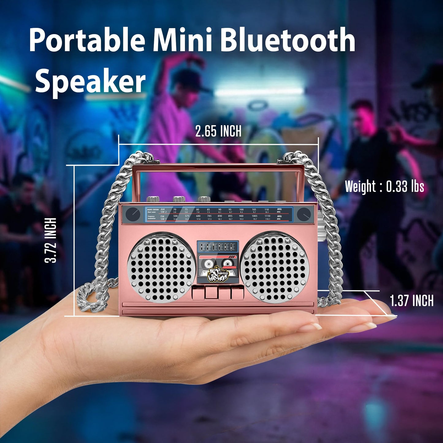 Portable Bluetooth Speakers, Retro Speakers Bluetooth Wireless Wearable Mini Bluetooth Boombox with 27” Neck Chain, FM Radio, On-Board Buttons, Dual 3W Peak Power Bluetooth Speaker for Home & Travel