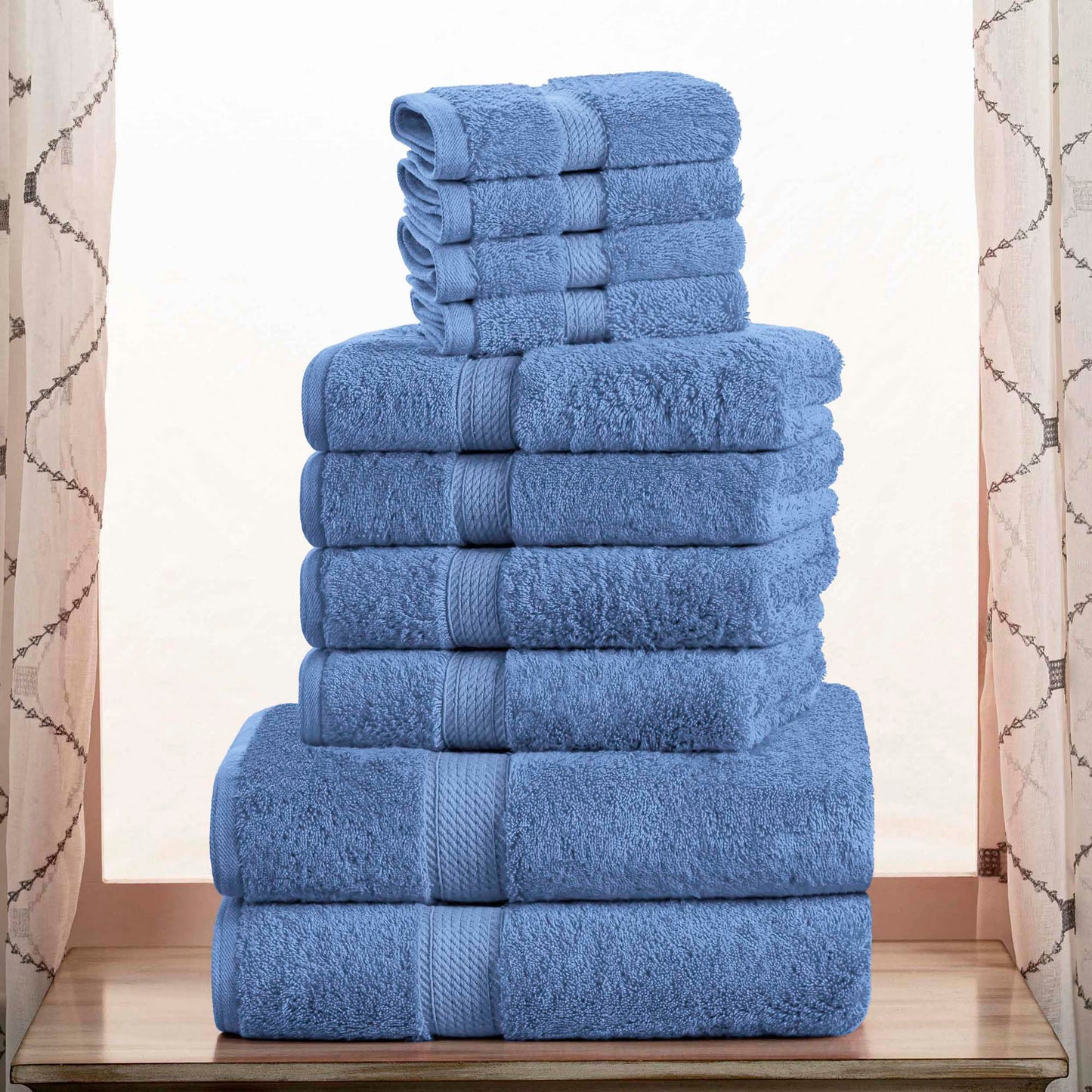 SUPERIOR Egyptian Cotton Pile 10 Piece Towel Set, Includes 2 Bath, 4 Hand, 4 Face Towels/Washcloths, Ultra Soft Luxury Towels, Thick Plush Essentials, Guest Bath, Spa, Hotel Bathroom, Denim Blue