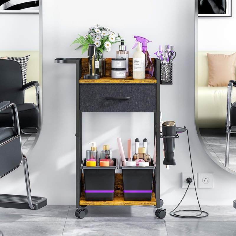 Salon Trolley Cart with Wheels, Mobile Hair Stylist Station with Metal Tool Holder & Basket, Rolling Barber Table with Fabric Drawer, Storage for Salon, Barbershop, Spa & Tattoo, Black