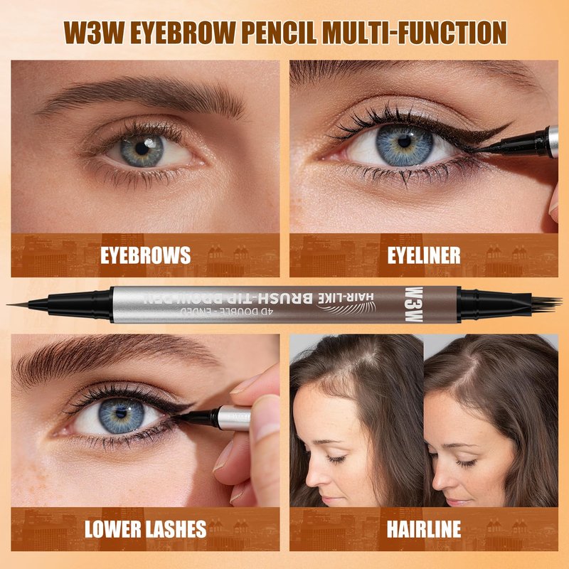 Eyebrow Pencils for Women, W3W 4D Dual-Ended Brow Pen, Angled Square Tip + Ultra-Fine Brush Tip, Waterproof Smudge-Proof, Natural Hair-Like Strokes, Dark Brown (Brunette)