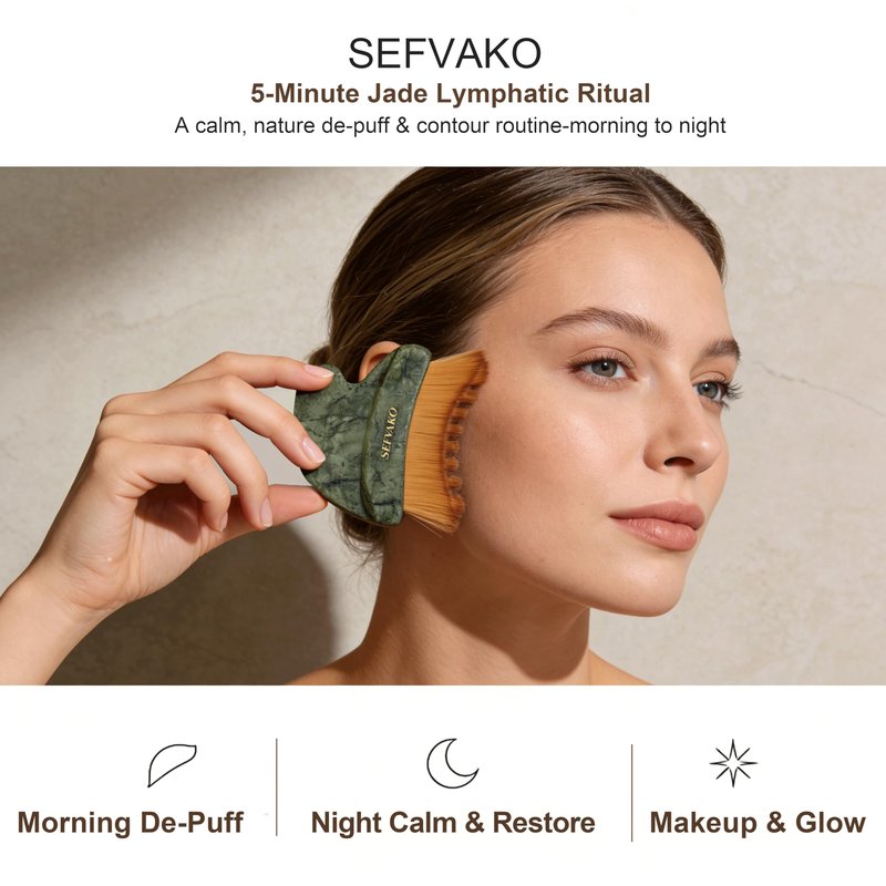 SEFVAKO Lymphatic Contour Face Brush, Dual-Ended Dry Brush + Cool-Touch Jade Gua Sha Edge, 0.075mm Ultra-Soft Bristles Gua Sha Facial Tools, for Lymphatic Drainage, Less Puffy Look, Sculpt & Relax