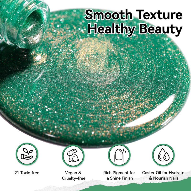 Nailshion Green Nail Polish, Fast Air Drying Sparkly Shimmer Dreamy Teal Glitter Nail Polish, 15 Toxic-free, High Shine Finish, Rich in Castor Oil, DIY at Home Nails Art Salon Travel Manicure Gift