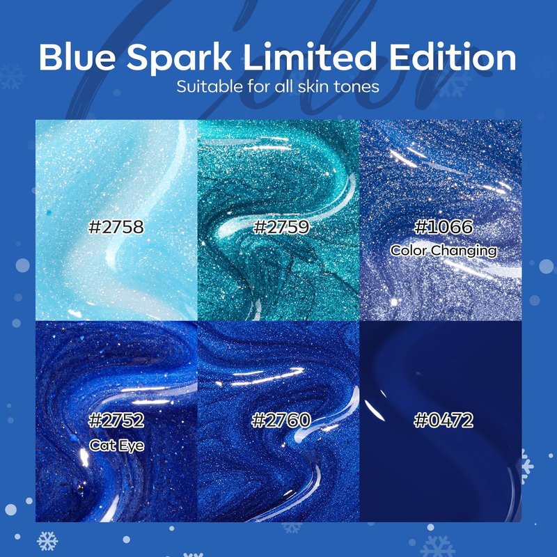 modelones Blue Gel Nail Polish Set, 6 Colors Cat Eye Glitter Color Changing Chameleon Gel Polish Kit with Magnet Snow Stickers Soak Off Led Nail Art Manicure Salon DIY Holiday Gifts