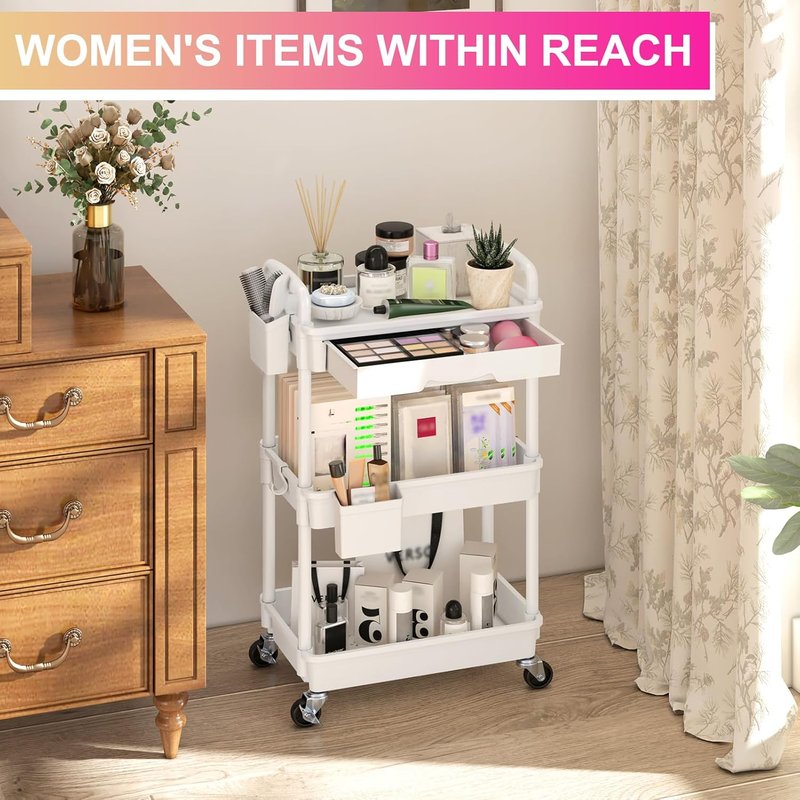 Goovilla 3-Tier Rolling Utility Cart - Sturdy White Organizer with Removable Drawer & Lockable Wheels